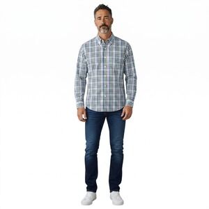 Peter Millar Mens XL Blue Green Brown Plaid Cotton Button Down Shirt Fly Fishing